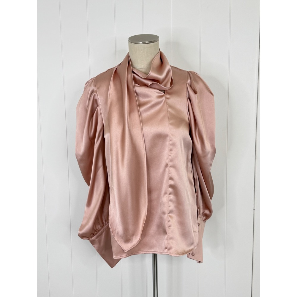 Beulah Pink Satin Puff Sleeve Tie Neck Blouse NWT Women Size XS Scarf Dramatic